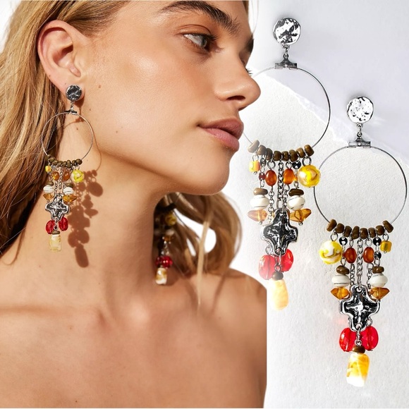Free People Lola Hoops in Silver Multi NWT Dangles Charms Cross Bohemian Boho - Picture 1 of 13